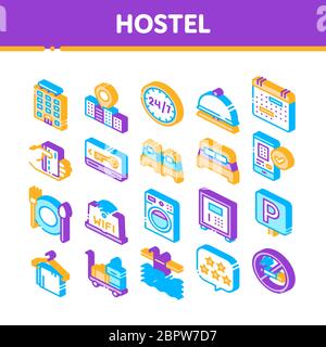 Set icone del segno Isometrico del vettore Hostel Illustrazione Vettoriale