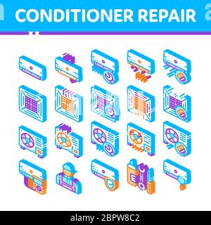 Set icone isometriche vettoriali per la riparazione del condizionatore Illustrazione Vettoriale