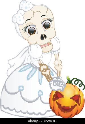 Cranio sposa tenendo cartoni animati zucca Illustrazione Vettoriale