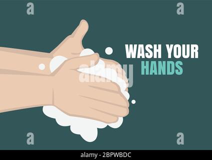 Lavando le mani con il segno vettore del sapone. Concetto di igiene. Cartoon piatto isolato su sfondo verde illustrazione vettoriale. Illustrazione Vettoriale