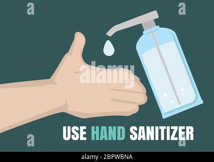 Per le mani, utilizzare un igienizzatore per le mani in gel di alcol. Gel di lavaggio per fermare il concetto di coronavirus. Illustrazione vettoriale piatta isolata in verde. Illustrazione Vettoriale