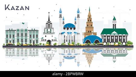 Kazan Russia City Skyline con edifici a colori e riflessi isolati su bianco. Illustrazione vettoriale. Illustrazione Vettoriale