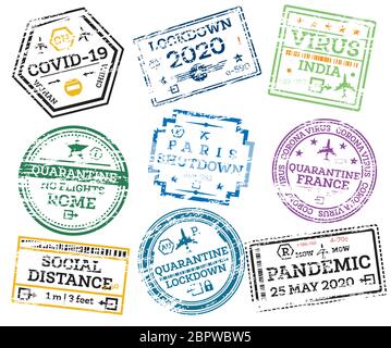 Covid-19 Collezione di francobolli Grunge Passport isolati su Bianco. Corona Virus, Lock Down, concetto di distanza sociale. Illustrazione vettoriale. Illustrazione Vettoriale