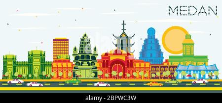 Medan Indonesia skyline della città con edifici di colore e cielo blu. Illustrazione Vettoriale. Viaggi di affari e di turismo con il concetto di architettura storica. Illustrazione Vettoriale