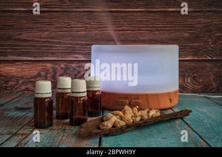 Diffusore elettrico di olio con bottiglie e incenso, formato orizzontale Foto Stock