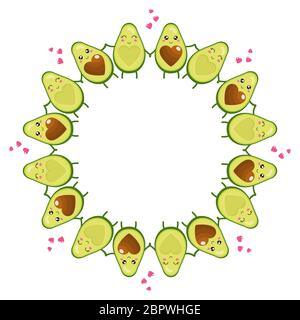 Corona di simpatici personaggi avocado cartoon in amore tenendo le mani su uno sfondo bianco. Illustrazione vettoriale per qualsiasi progetto. Illustrazione Vettoriale