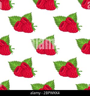Motivo senza cuciture con lamponi interi esotici freschi e luminosi con foglie su sfondo bianco. Frutta estiva per uno stile di vita sano. Frutta biologica. Carto Illustrazione Vettoriale