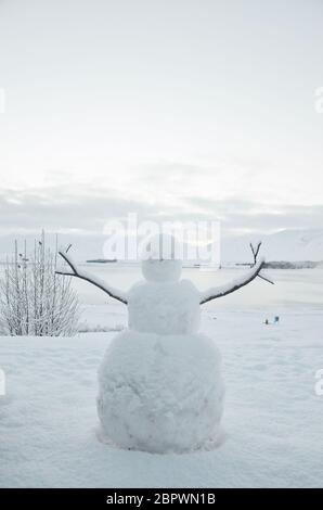 Un simpatissimo pupazzo di neve con la scena invernale del lago tekapo. Il lago Tekapo è un luogo incredibile da visitare. Si trova sull'Isola Sud della Nuova Zelanda. Foto Stock