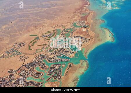 Vista aerea di El Gouna un egiziano di lusso località turistica situata sul Mar Rosso a 20 chilometri a nord di Hurghada. Foto Stock