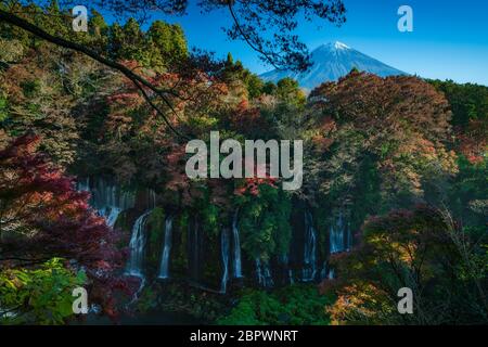 Le cascate di Shiraito in autunno e con il Monte Fuji sullo sfondo Foto Stock