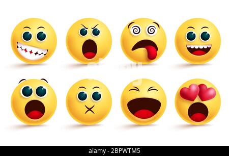 Set di vettori emoticon. Emoticon di colore giallo e emoji con vertigini, gridazioni, innamorati e felici espressioni facciali carine per elementi di design. Illustrazione Vettoriale