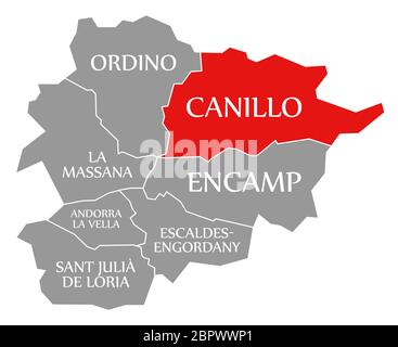 Rosso Canillo evidenziato sulla mappa di Andorra Foto Stock