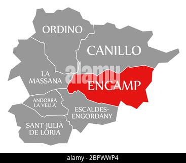 Encamp rosso evidenziato sulla mappa di Andorra Foto Stock