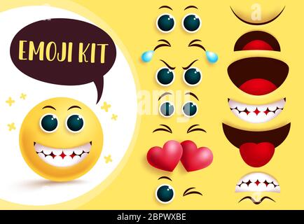 Kit di creazione di vettori emoji. Emoticon e emoji giallo viso con occhi e bocca modificabili e felice espressione facciale per la creazione di caratteri. Illustrazione Vettoriale