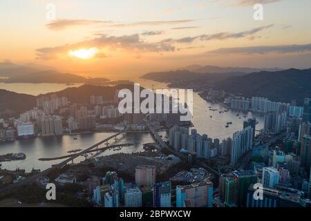 Tsuen WAN, Hong Kong, 14 Febbraio 2019:- Vista dall'alto della città di Hong Kong Foto Stock