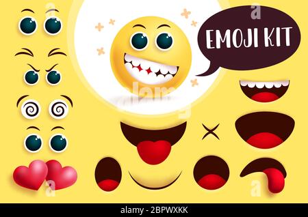 Kit di creazione vettore emoji. Emoticon e emoticon con viso giallo, occhi e bocca modificabili per creare un'espressione facciale cute per la raccolta di segni e simboli. Illustrazione Vettoriale