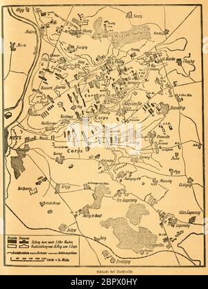 Europa, Deutschland, Frankreich, Deutsch-Französischer Krieg, Plan der Schlacht bei Noisseville, Motiv aus: Der Krieg zwischen Frankreich und Deutschland in den Jahren 1870-1871 ', von J. Scheibert, Verlag von W. Pauli´s Nachfolger (H. Jerosch ), Berlino, 1895. / Europa, Germania, Francia, guerra franco-prussiana, battaglia di Noisseville , immagine di : ' Der Krieg zwischen Frankreich und Deutschland in den Jahren 1870-1871' (guerra fra Francia e Prussian 1870-1871 ), dall' AVVOCIO J. Scheibert, casa editrice W. Pauli´s successor (H. Jerosch ), Berlino, 1895. Foto Stock