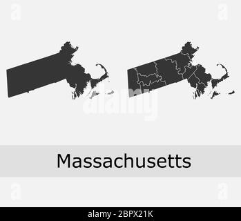 Massachusetts Maps vettore contorni contee, comuni, regioni, comuni, dipartimenti, frontiere Illustrazione Vettoriale