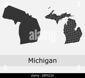 Michigan mappe vettoriali contorni contee, comuni, regioni, comuni, dipartimenti, frontiere Illustrazione Vettoriale