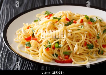 Gustosa pasta di aglio e olio con aglio fritto, prezzemolo e pepe caldo primo piano in un piatto sul tavolo. Orizzontale Foto Stock