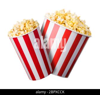 Set di secchi a strisce di carta con popcorn isolato su sfondo bianco Foto Stock