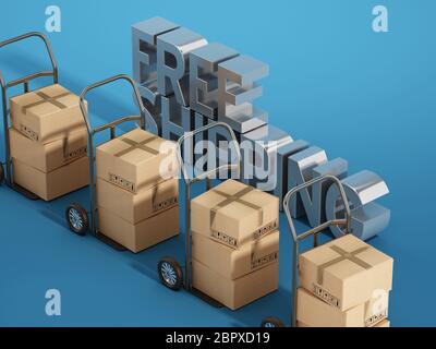 Carrelli per il trasporto manuale e testo di spedizione gratuito. Illustrazione 3D. Foto Stock