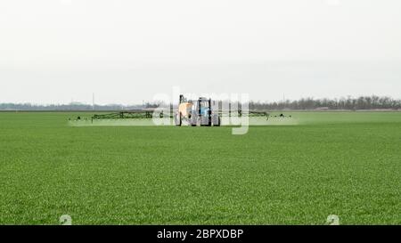 Trattore con ruote alte è fare fertilizzante su giovani di frumento. L'uso di finemente disperse sostanze chimiche a spruzzo. Trattore con un dispositivo di spruzzatura per finemente disp Foto Stock