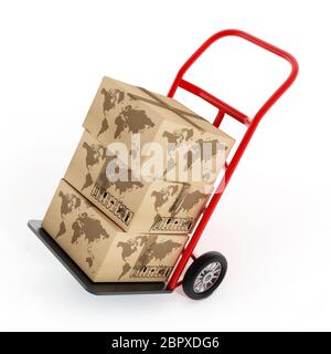 Carrello per trasporto manuale caricato con scatole di cartone. Illustrazione 3D. Foto Stock