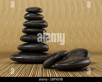 Pietre di bilanciamento nere che si levano in piedi su sfondo di bambù. Illustrazione 3D. Foto Stock