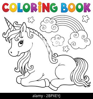 Libro da colorare stilizzato unicorno tema 1 - illustrazione dell'immagine. Foto Stock