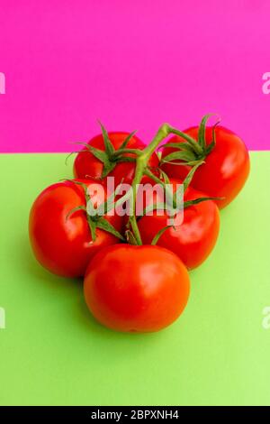 Primo piano di pomodori ciliegini su sfondo rosa e verde Foto Stock