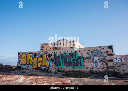 Derelict Farm Building in zona remota nel nord di Fuerteventura, Isole Canarie Foto Stock