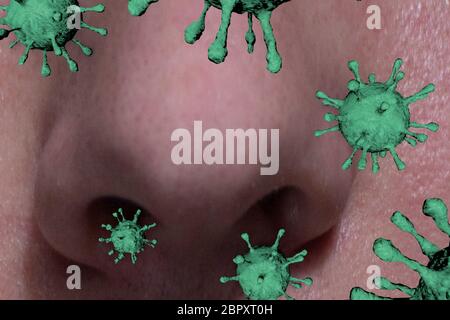 Concetto di influenza e diffusione stagionale del virus influenzale causato da microbi infettivi con sintomi umani di febbre infettando il naso e la gola come cellule microscopiche mortali con elementi di illustrazione 3d. Foto Stock