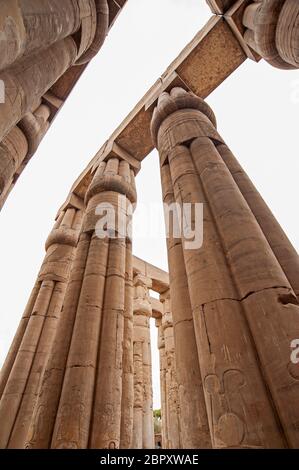 Sculture geroglipiche su colonne presso l'antico tempio egiziano Luxor Foto Stock