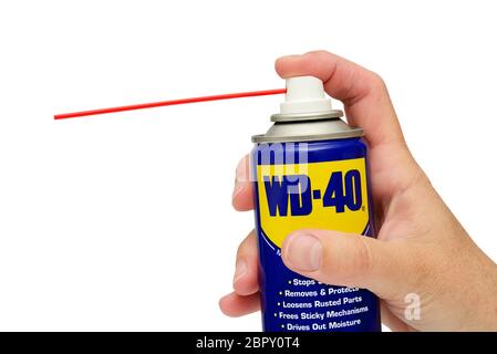 Il lubrificante WD 40 in uno spray può essere trattenuto su uno sfondo bianco Foto Stock