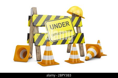 Barriera stradale con le parole in costruzione. 3D render. Foto Stock