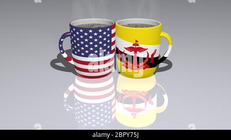 Stati Uniti d'America e Brunei rapporto mostrato da bandiere nazionali sulle tazze di caffè sul pavimento di specchio come editoriale e. Illustrazione 3D Foto Stock