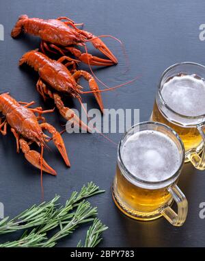 Gamberi bolliti con due boccali di birra Foto Stock