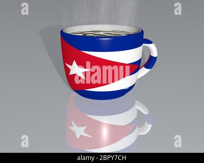 Cuba si è collocata su una tazza di caffè caldo in un'illustrazione 3D con una prospettiva realistica e ombre riflesse sul pavimento Foto Stock