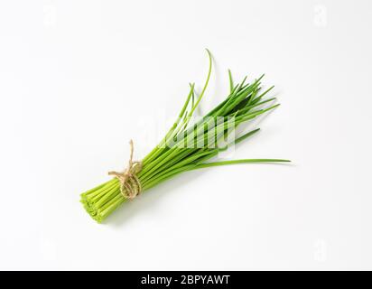 Mazzetto di erba cipollina fresca su sfondo bianco Foto Stock