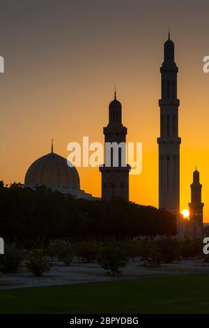 Vista della Grande Moschea del Sultano Qaboos al tramonto, Mascate, Oman Medio Oriente, Asia Foto Stock