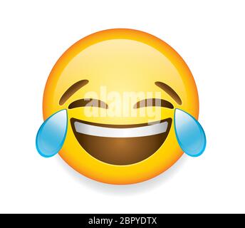 Emoticon di alta qualità su sfondo bianco. Ridendo emoji con lacrime e occhi chiusi. Giallo faccia emoji ridendo illustrazione vettoriale. Illustrazione Vettoriale