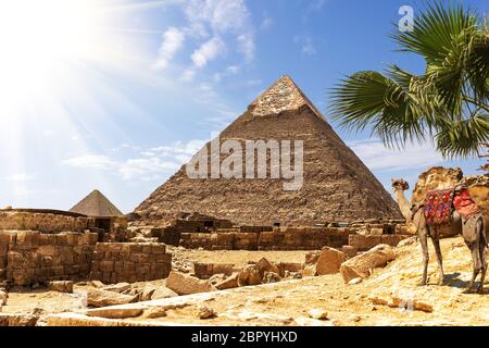 Le Piramidi di Giza, vista sulla piramide di Khafre in un soleggiato deserto. Foto Stock