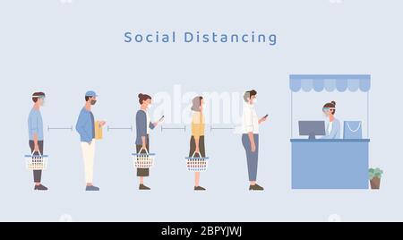 Persone che indossano una maschera che si divaricano in modo sociale mentre si trovano in coda nel centro commerciale. Tenendo un cestino della spesa e in attesa di pagamento. Illustrazione Vettoriale