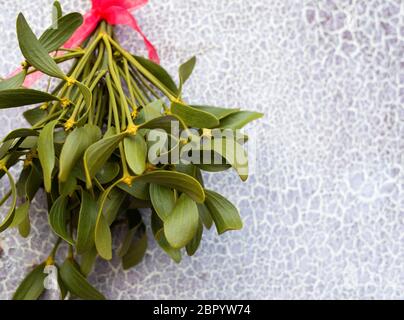 Natale sfondo festivo con mistletoe verde appeso sul vecchio sfondo della porta fessurata con spazio vuoto per il testo. Foto Stock