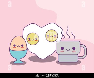 Tazza di caffè e disegno delle uova, Kawaii cibo simpatico emoticon tema personaggio illustrazione vettoriale Illustrazione Vettoriale