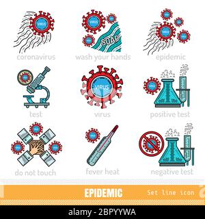 Coronavirus, insieme di icone di contorno colore. Lavarsi le mani; test positivo; test negativo; non toccare; febbre calda. Illustrazione Vettoriale