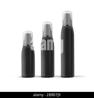Black cosmetic spray bottles set isolated on white background Foto Stock