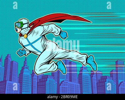 supereroe medico uomo in tuta protettiva che sorvola la città, epidemia Illustrazione Vettoriale