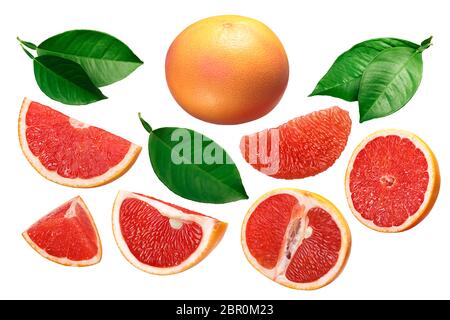 Di pompelmo (Citrus paradisi x), interi, a fette, sbucciate, pezzi, foglie Foto Stock